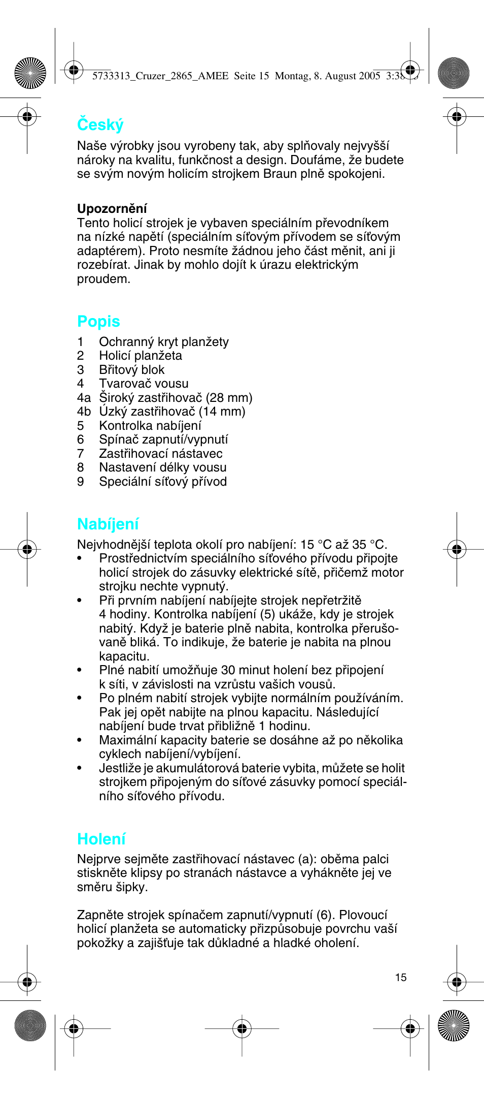 Âesk, Popis, Nabíjení | Holení | Braun 2865 User Manual | Page 15 / 62