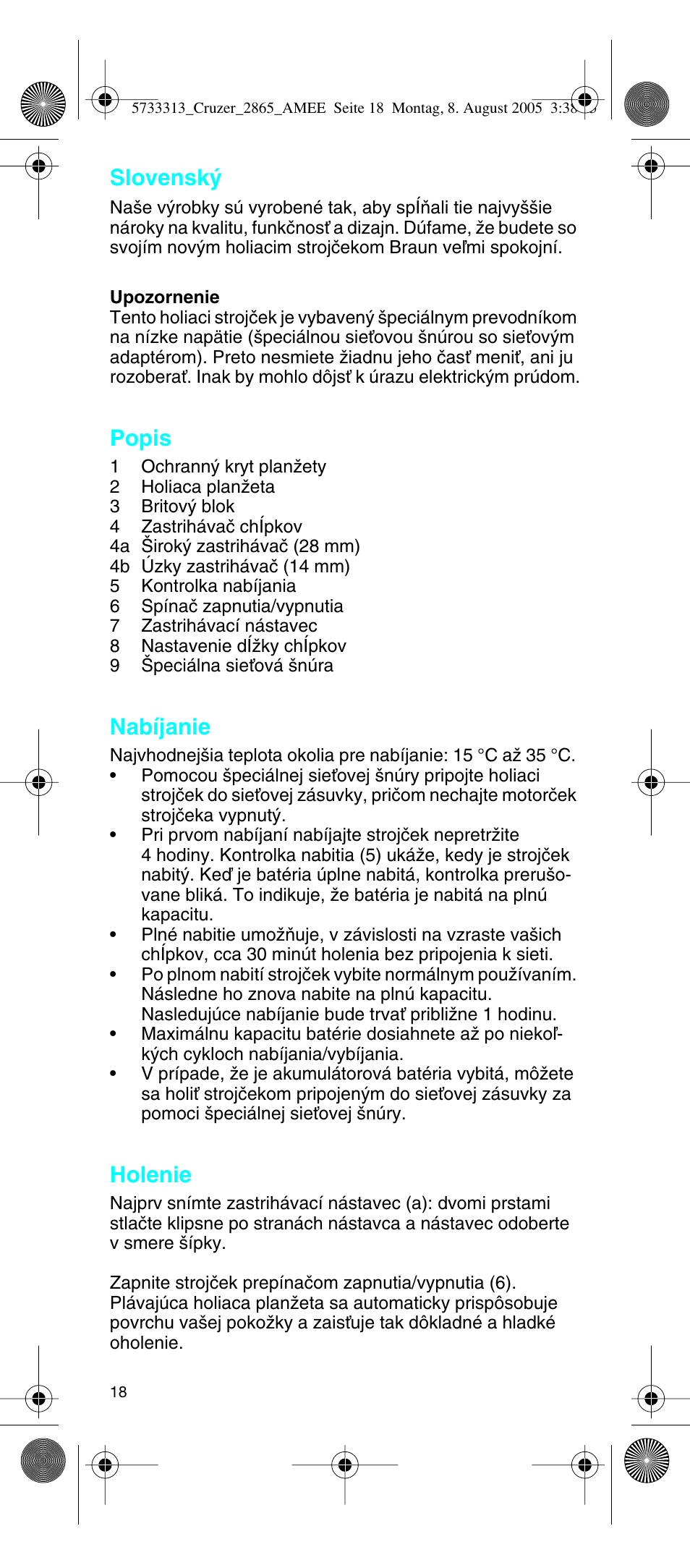 Slovensk, Popis, Nabíjanie | Holenie | Braun 2865 User Manual | Page 18 / 62