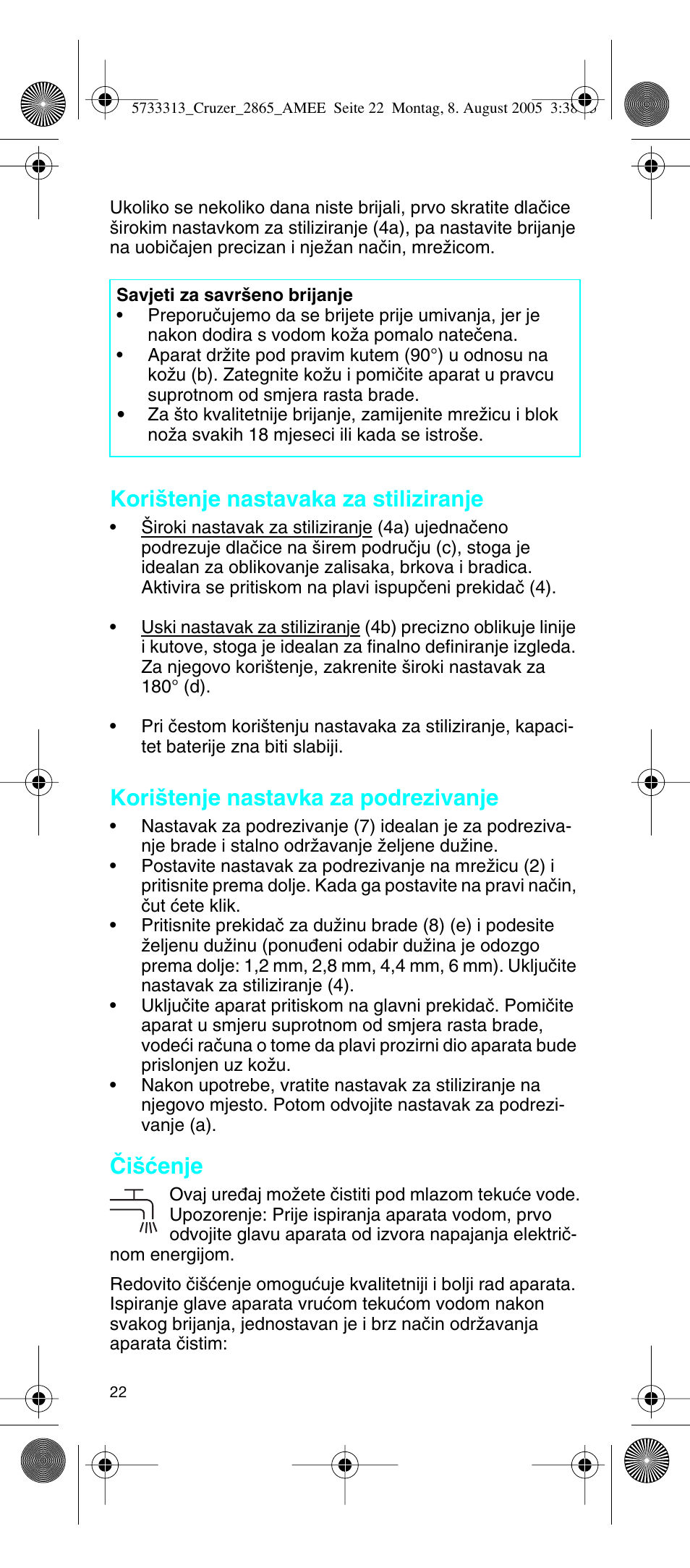 Kori‰tenje nastavaka za stiliziranje, Kori‰tenje nastavka za podrezivanje, Âi‰çenje | Braun 2865 User Manual | Page 22 / 62