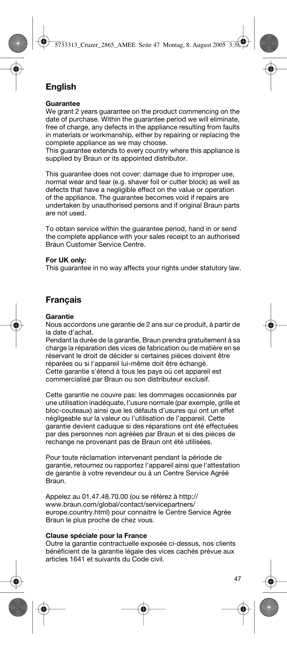 English, Français | Braun 2865 User Manual | Page 47 / 62