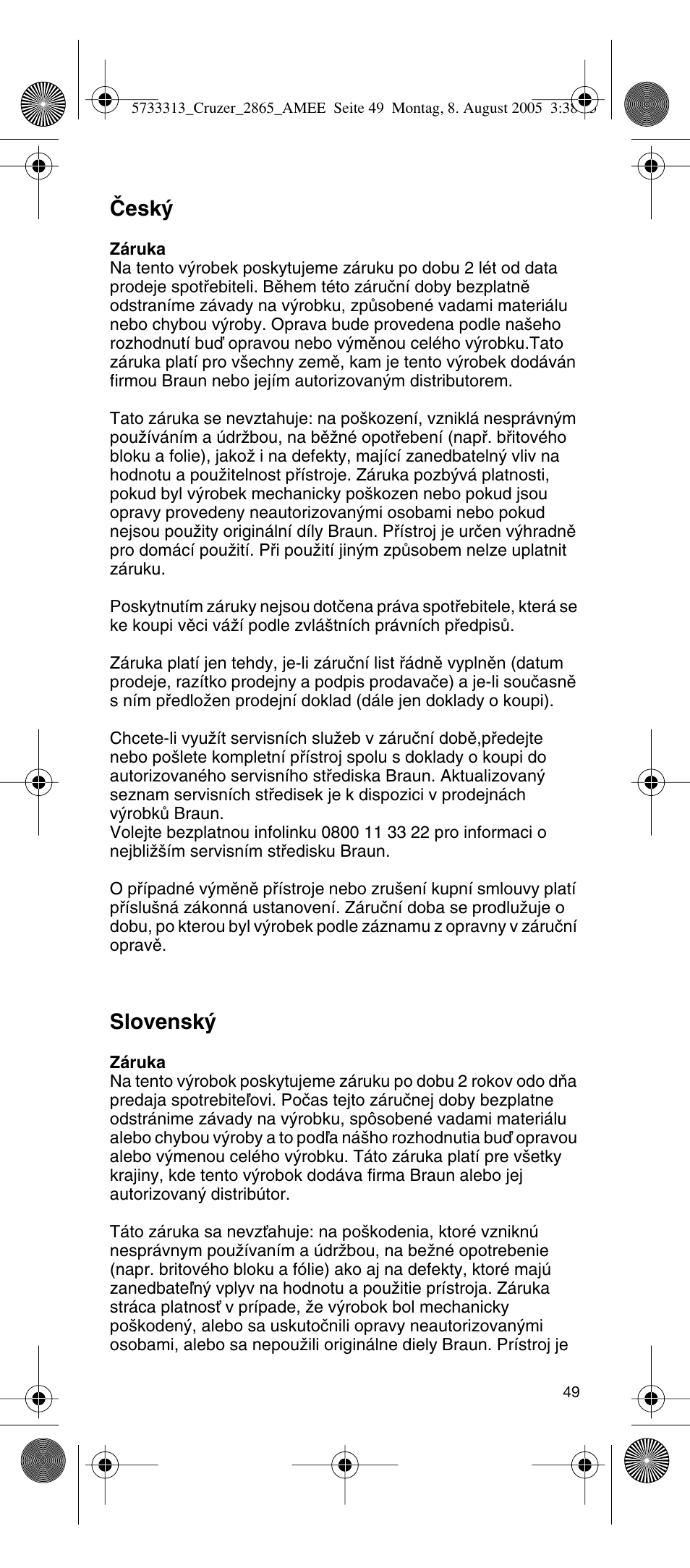 Âesk, Slovensk | Braun 2865 User Manual | Page 49 / 62