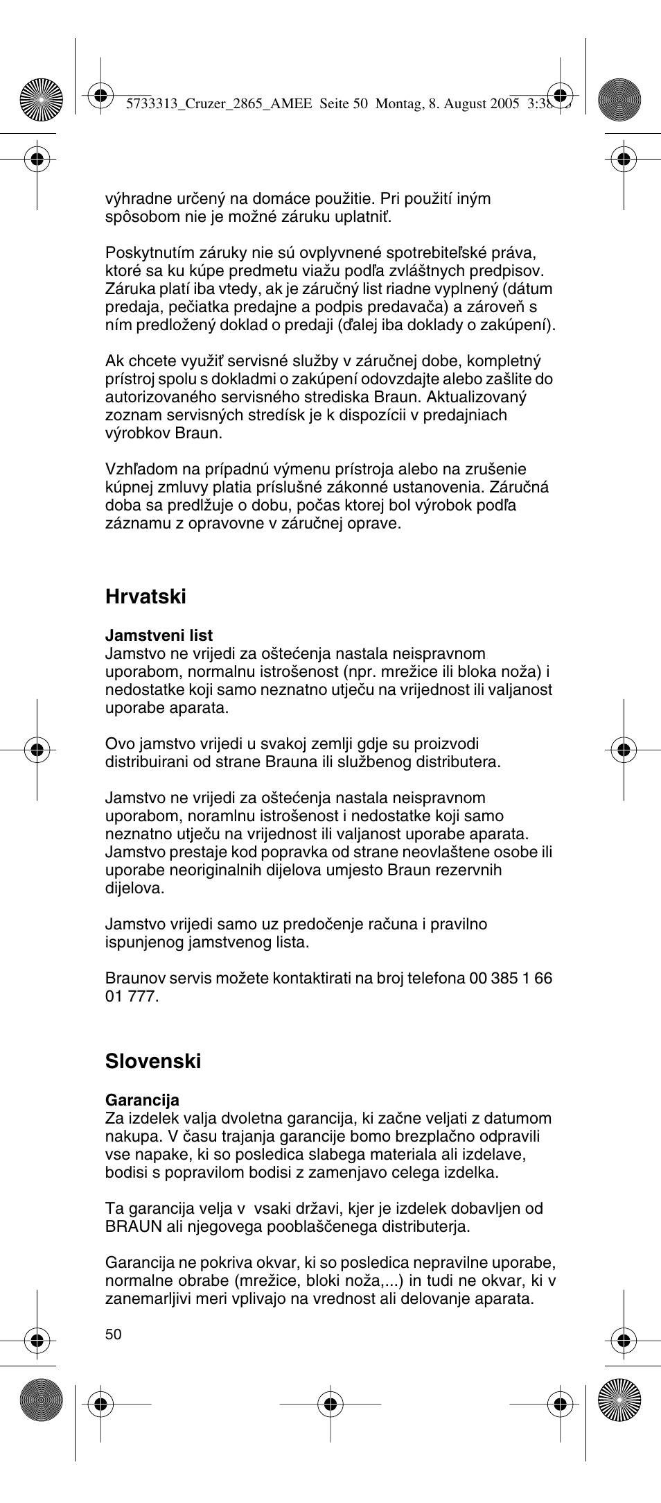 Hrvatski, Slovenski | Braun 2865 User Manual | Page 50 / 62