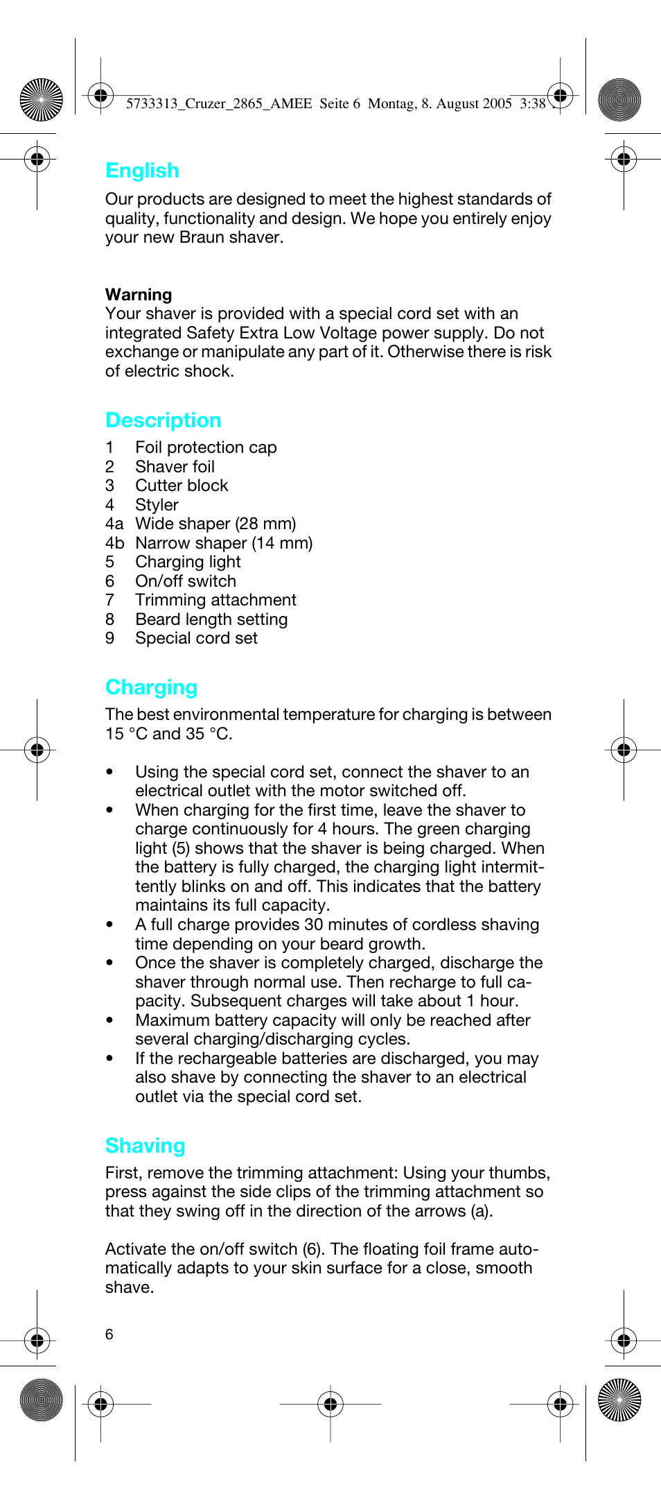 Description, Charging, Shaving | English | Braun 2865 User Manual | Page 6 / 62