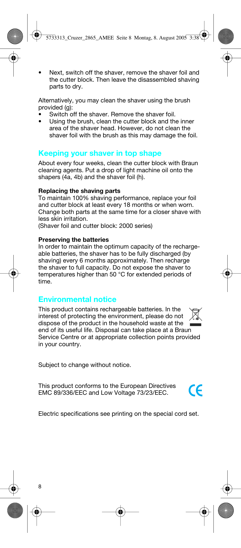 Keeping your shaver in top shape, Environmental notice | Braun 2865 User Manual | Page 8 / 62