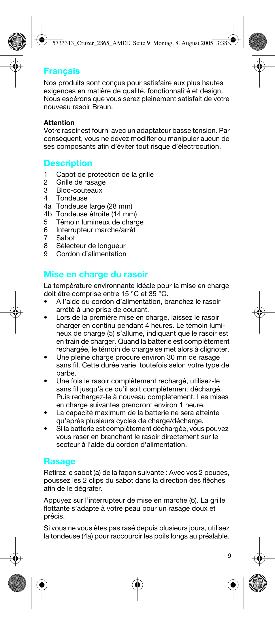 Français, Description, Mise en charge du rasoir | Rasage | Braun 2865 User Manual | Page 9 / 62