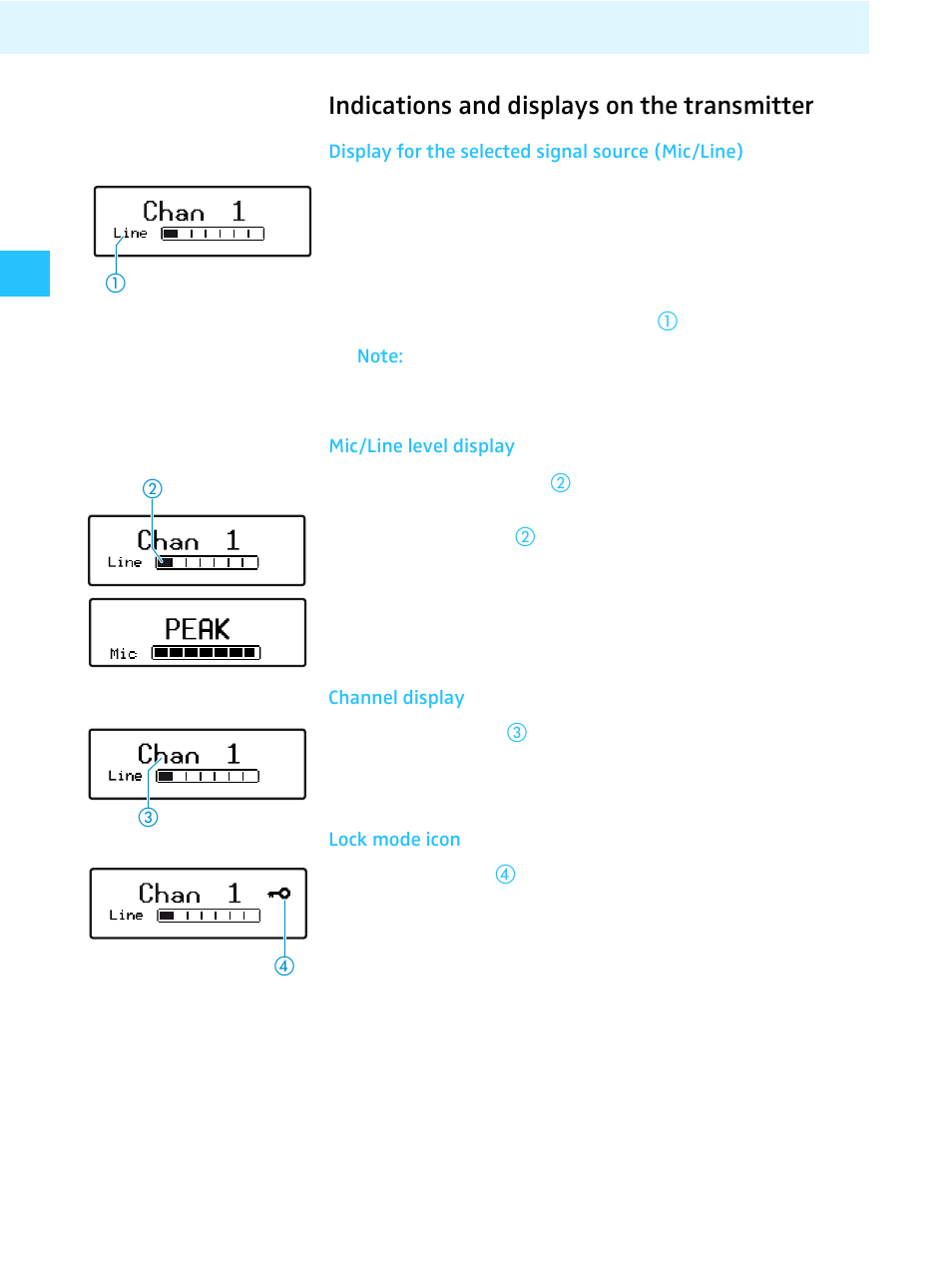 Indications and displays on the transmitter, Display for the selected signal source (mic/line), Mic/line level display | Channel display, Lock mode icon | Sennheiser Tourguide Wireless Transmitter SR 2020 D User Manual | Page 10 / 32