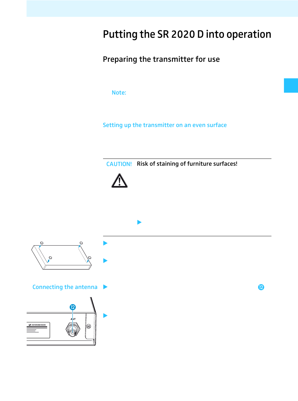 Putting the sr 2020 d into operation, Preparing the transmitter for use, Setting up the transmitter on an even surface | Sennheiser Tourguide Wireless Transmitter SR 2020 D User Manual | Page 11 / 32