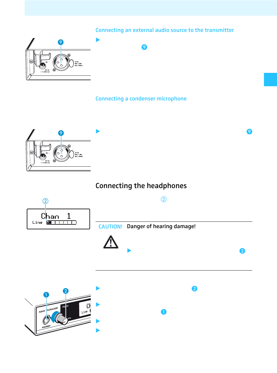 Connecting a condenser microphone, Connecting the headphones | Sennheiser Tourguide Wireless Transmitter SR 2020 D User Manual | Page 15 / 32