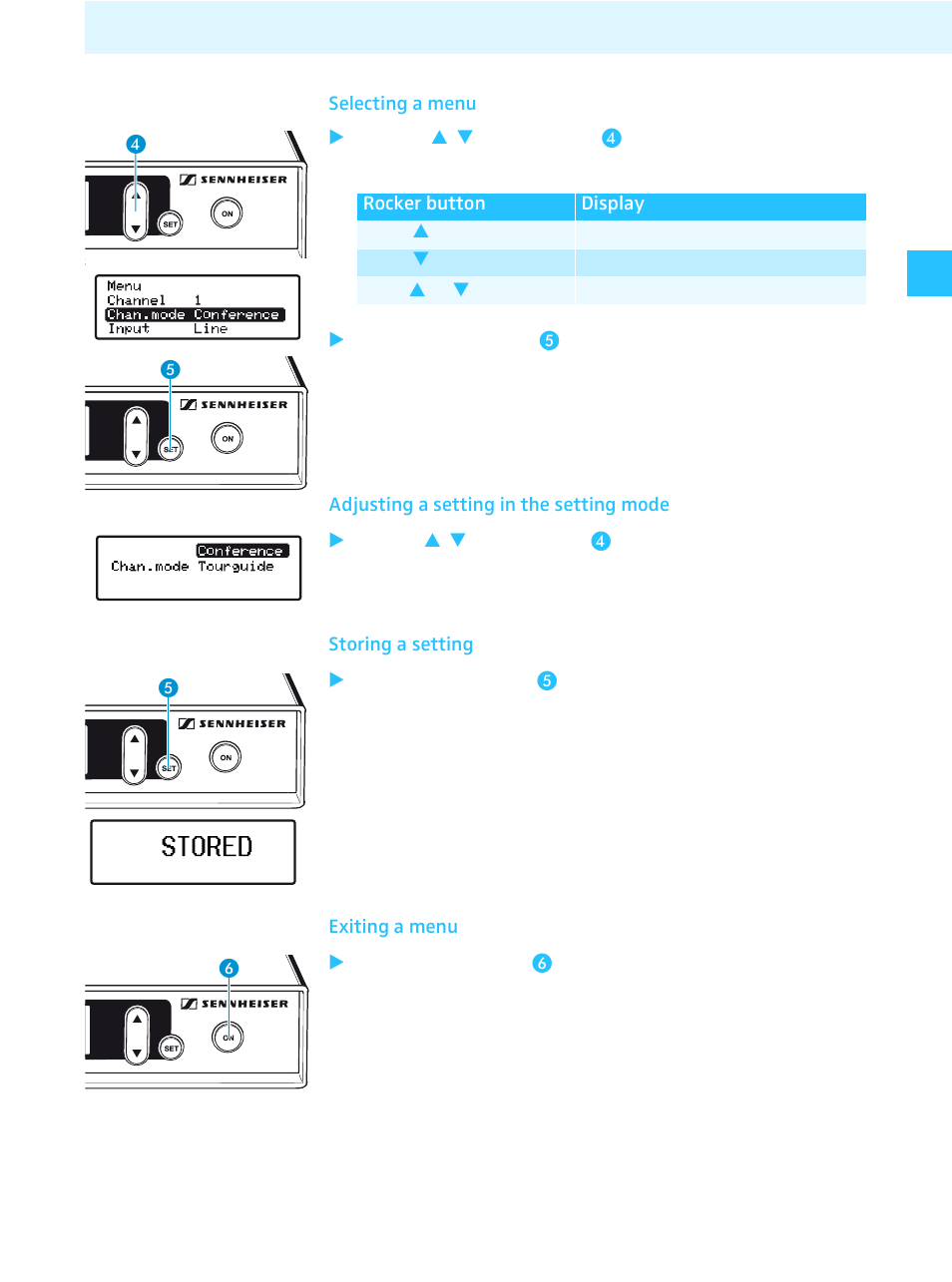 Selecting a menu, Adjusting a setting in the setting mode, Storing a setting | Exiting a menu | Sennheiser Tourguide Wireless Transmitter SR 2020 D User Manual | Page 17 / 32