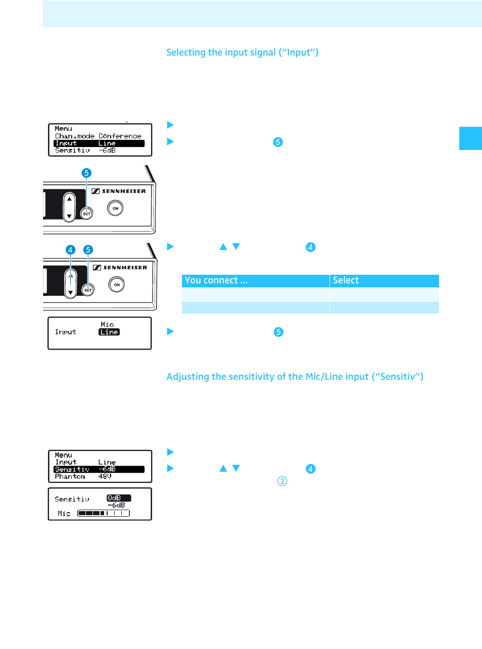 Selecting the input signal (“input”) | Sennheiser Tourguide Wireless Transmitter SR 2020 D User Manual | Page 21 / 32