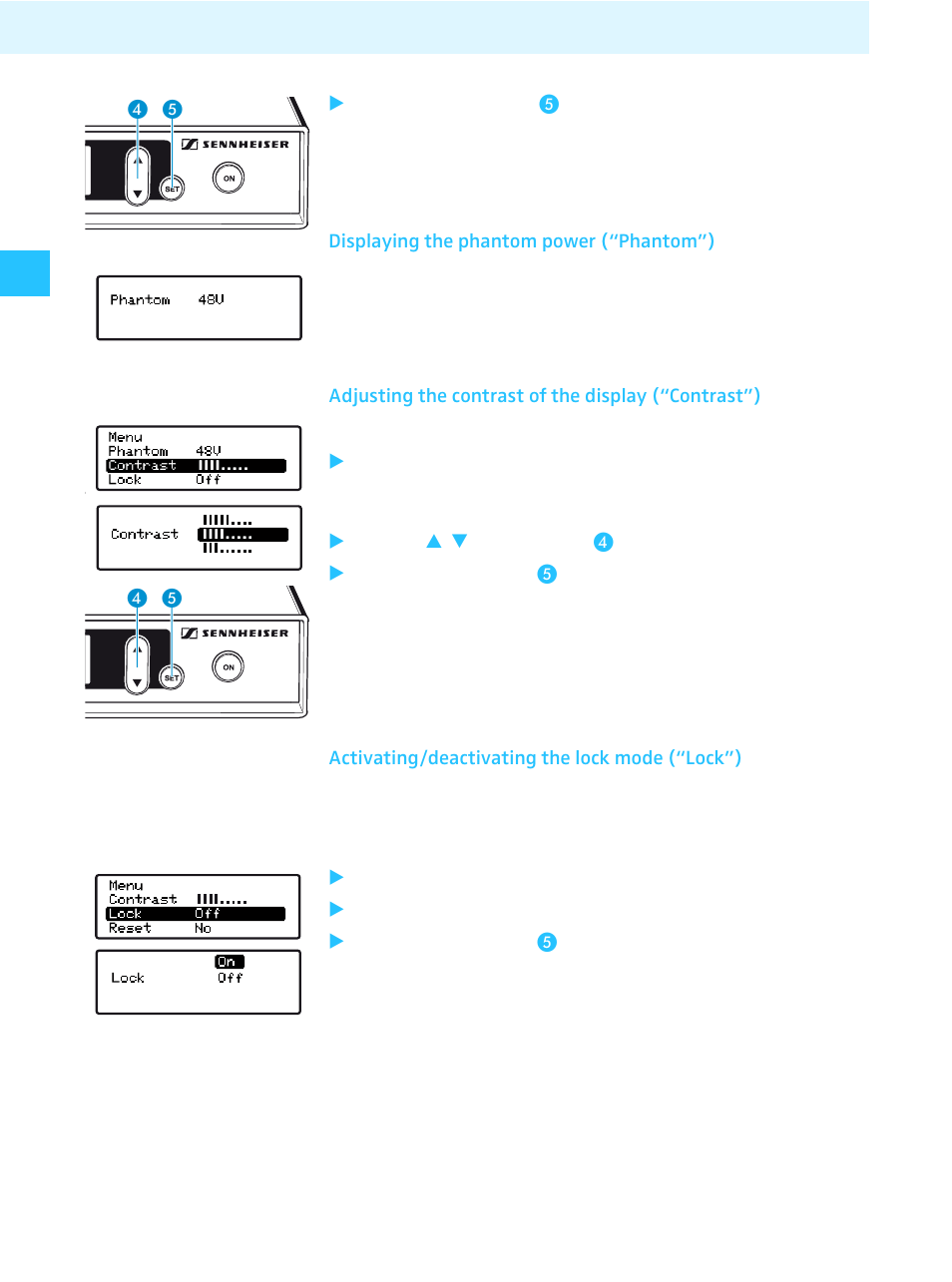 Displaying the phantom power (“phantom”), Adjusting the contrast of the display (“contrast”), Activating/deactivating the lock mode (“lock”) | Sennheiser Tourguide Wireless Transmitter SR 2020 D User Manual | Page 22 / 32