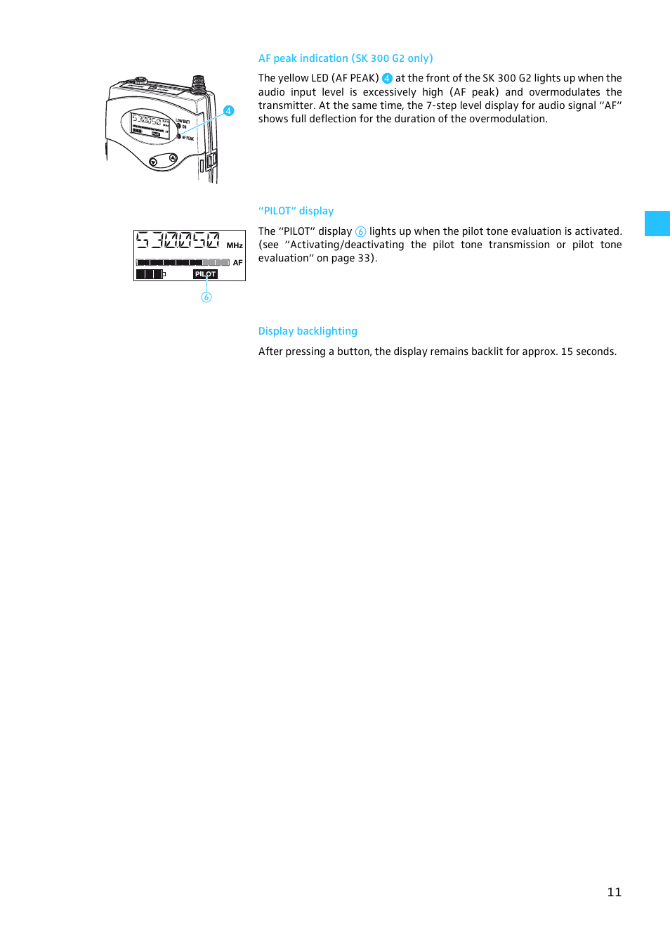 Af peak indication (sk 300 g2 only), Pilot” display, Display backlighting | Sennheiser W300 User Manual | Page 11 / 45