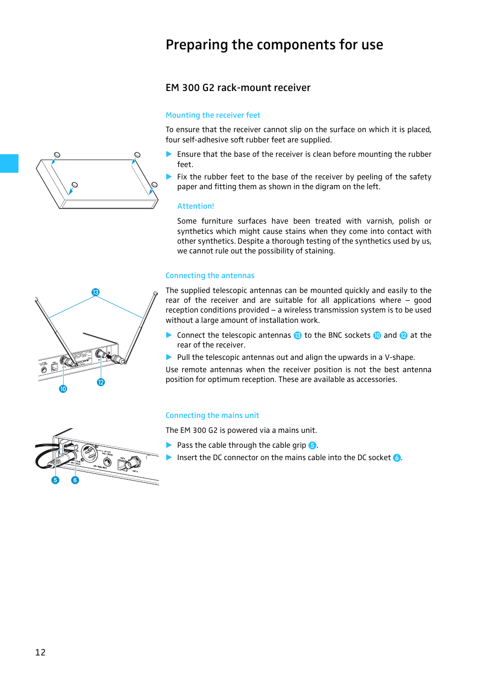 Preparing the components for use, Em 300 g2 rack-mount receiver, Mounting the receiver feet | Connecting the antennas, Connecting the mains unit | Sennheiser W300 User Manual | Page 12 / 45