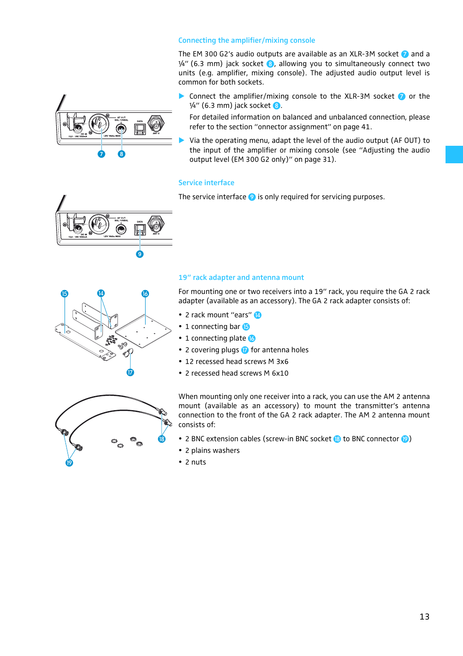 Connecting the amplifier/mixing console, Service interface, 19” rack adapter and antenna mount | Sennheiser W300 User Manual | Page 13 / 45