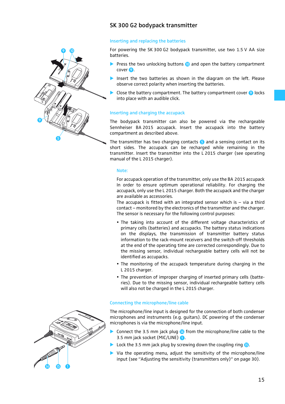 Sk 300 g2 bodypack transmitter, Inserting and replacing the batteries, Inserting and charging the accupack | Connecting the microphone/line cable | Sennheiser W300 User Manual | Page 15 / 45