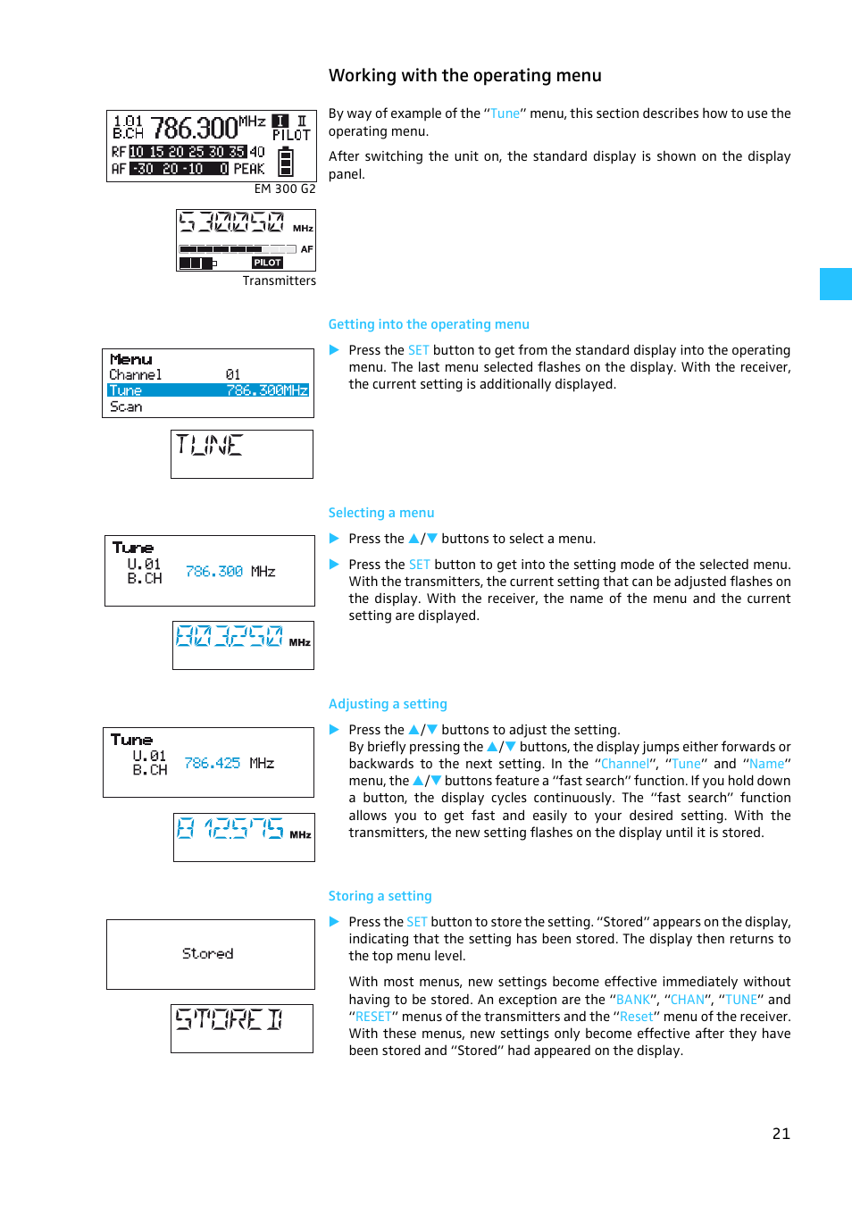 Working with the operating menu, Getting into the operating menu, Selecting a menu | Adjusting a setting, Storing a setting | Sennheiser W300 User Manual | Page 21 / 45