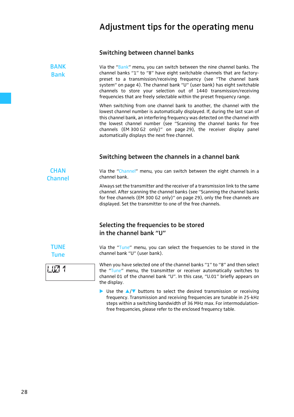 Adjustment tips for the operating menu, Switching between channel banks, Switching between the channels in a channel bank | Sennheiser W300 User Manual | Page 28 / 45