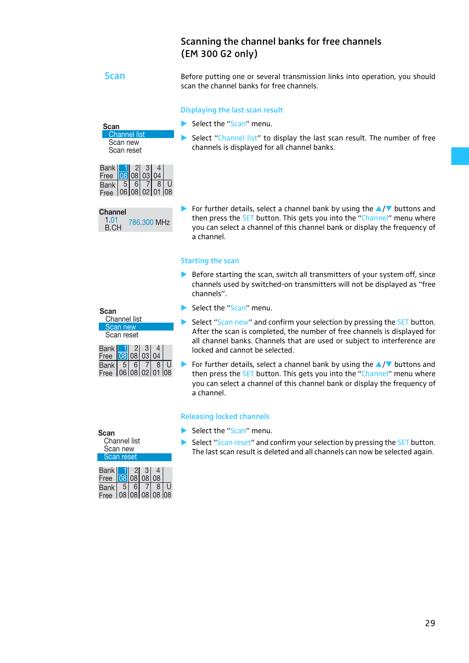 Displaying the last scan result, Starting the scan, Releasing locked channels | Sennheiser W300 User Manual | Page 29 / 45