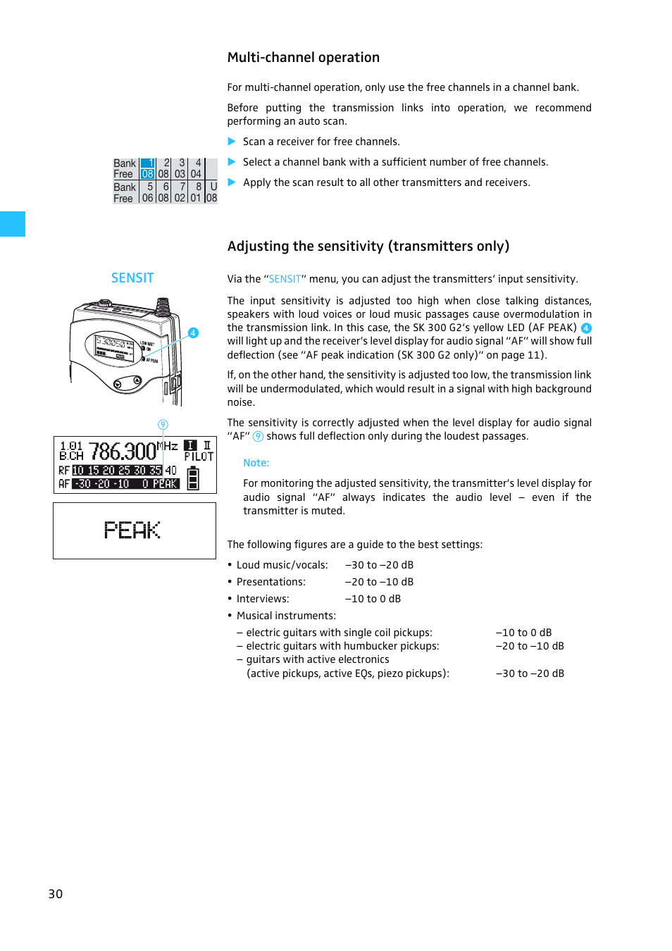 Multi-channel operation, Adjusting the sensitivity (transmitters only) | Sennheiser W300 User Manual | Page 30 / 45