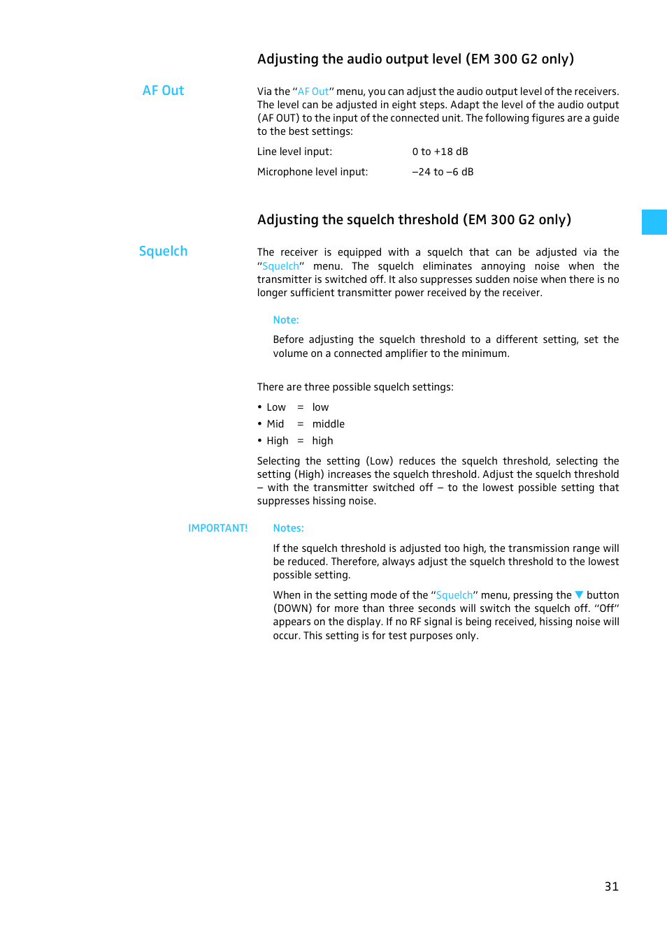 Adjusting the audio output level (em 300 g2 only), Adjusting the squelch threshold (em 300 g2 only) | Sennheiser W300 User Manual | Page 31 / 45