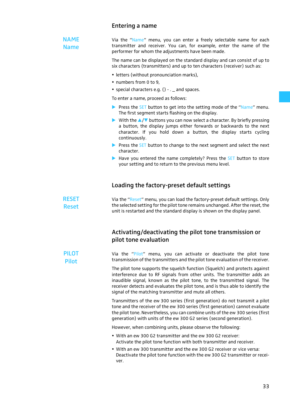 Entering a name, Loading the factory-preset default settings, Entering a name name name | Sennheiser W300 User Manual | Page 33 / 45