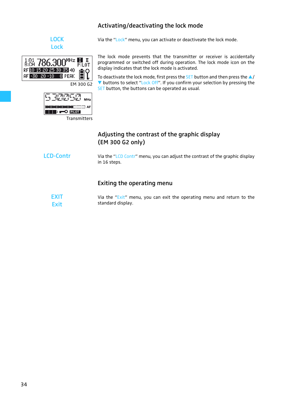 Activating/deactivating the lock mode, Exiting the operating menu, Activating/deactivating the lock mode lock lock | Exiting the operating menu exit exit | Sennheiser W300 User Manual | Page 34 / 45