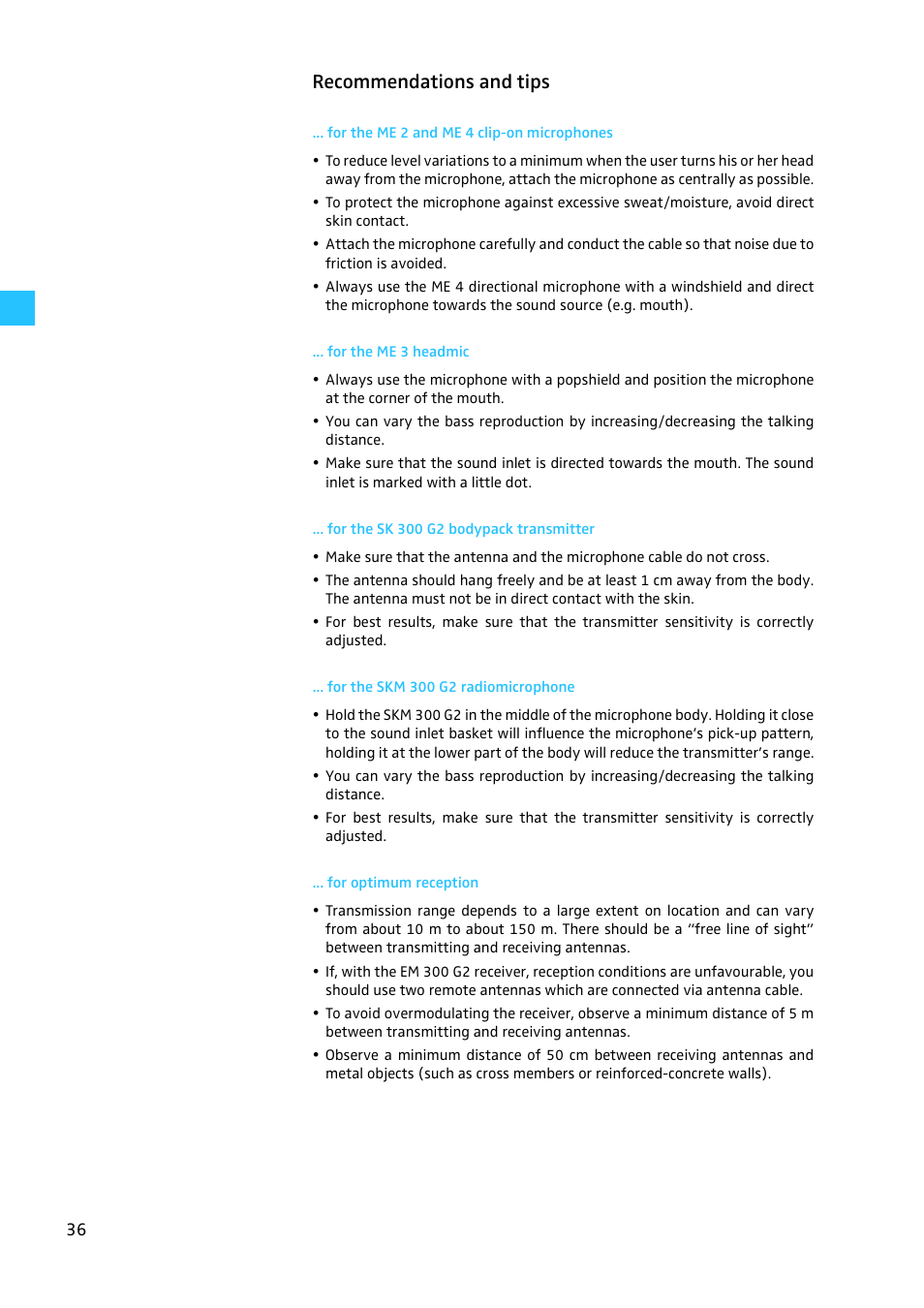 Recommendations and tips, For the me 2 and me 4 clip-on microphones, For the me 3 headmic | For the sk 300 g2 bodypack transmitter, For the skm 300 g2 radiomicrophone, For optimum reception | Sennheiser W300 User Manual | Page 36 / 45