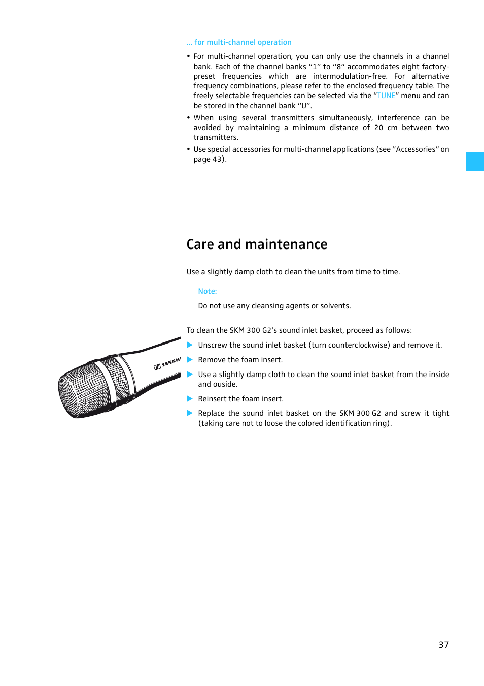 For multi-channel operation, Care and maintenance | Sennheiser W300 User Manual | Page 37 / 45