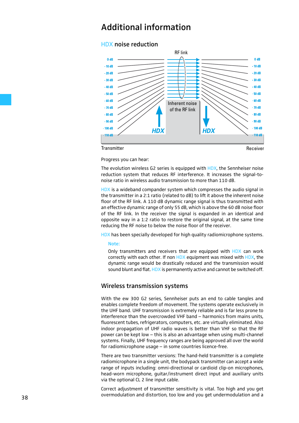 Additional information, Hdx noise reduction, Wireless transmission systems | Sennheiser W300 User Manual | Page 38 / 45