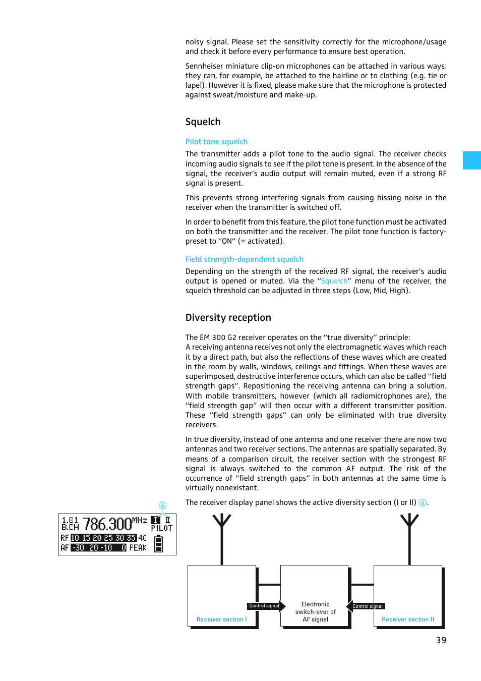 Squelch, Pilot tone squelch, Field strength-dependent squelch | Diversity reception | Sennheiser W300 User Manual | Page 39 / 45