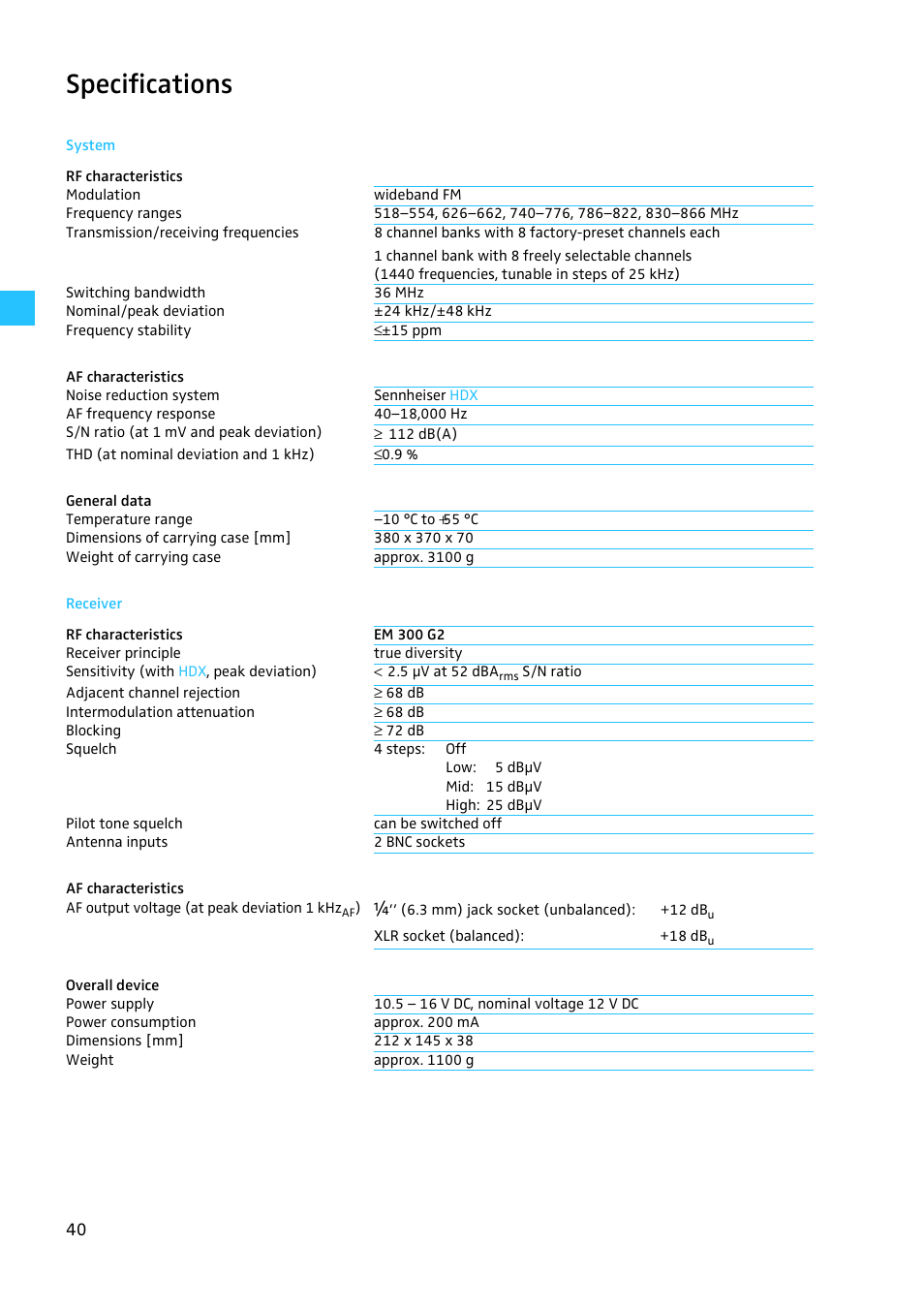 Specifications, System, Receiver | Sennheiser W300 User Manual | Page 40 / 45