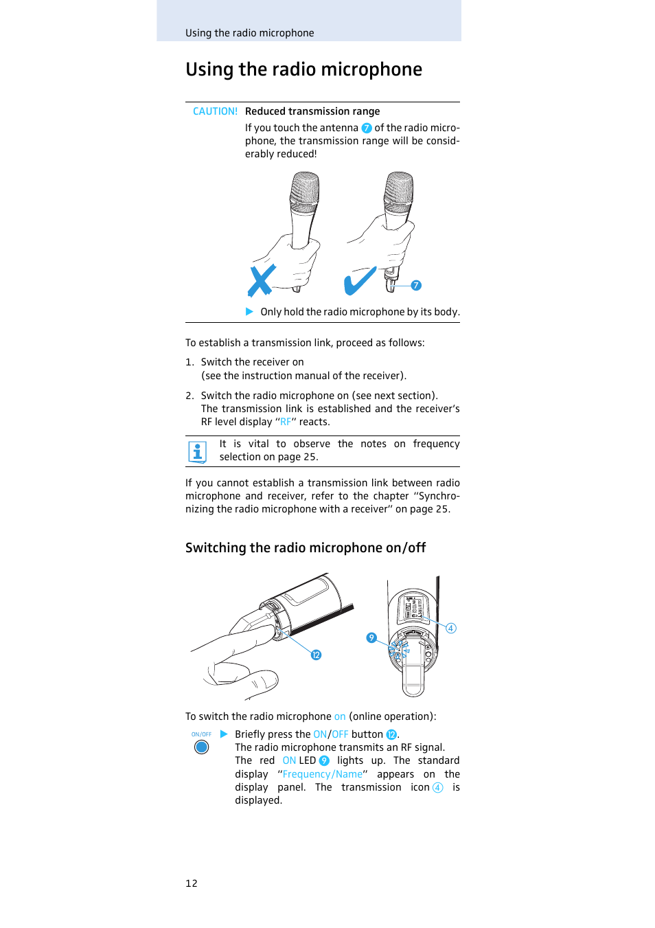 Using the radio microphone, Switching the radio microphone on/off | Sennheiser SKM100 User Manual | Page 13 / 38