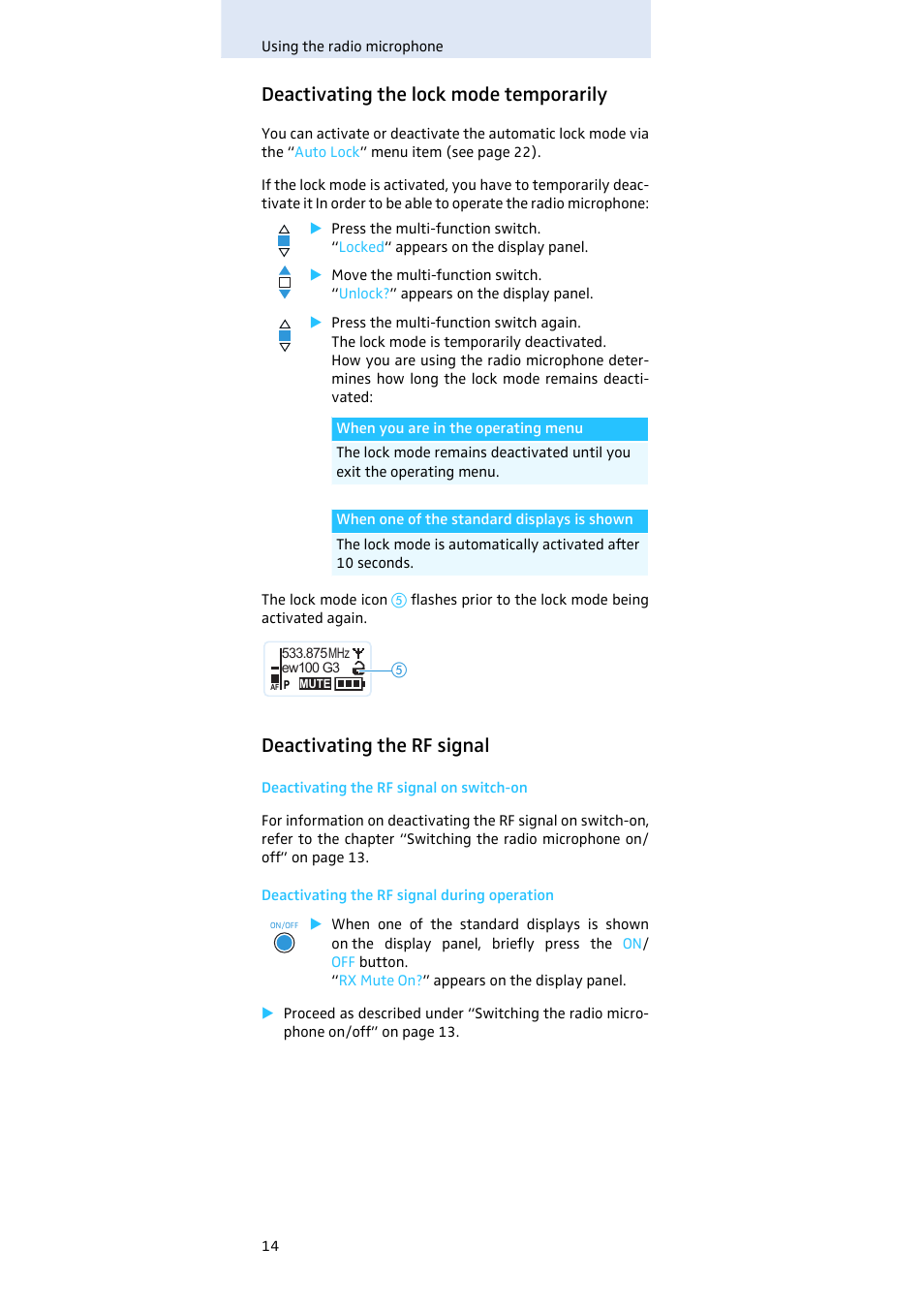 Deactivating the lock mode temporarily, Deactivating the rf signal | Sennheiser SKM100 User Manual | Page 15 / 38