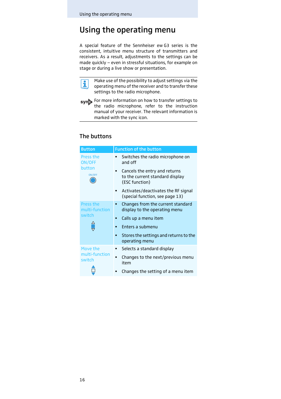 Using the operating menu, The buttons | Sennheiser SKM100 User Manual | Page 17 / 38