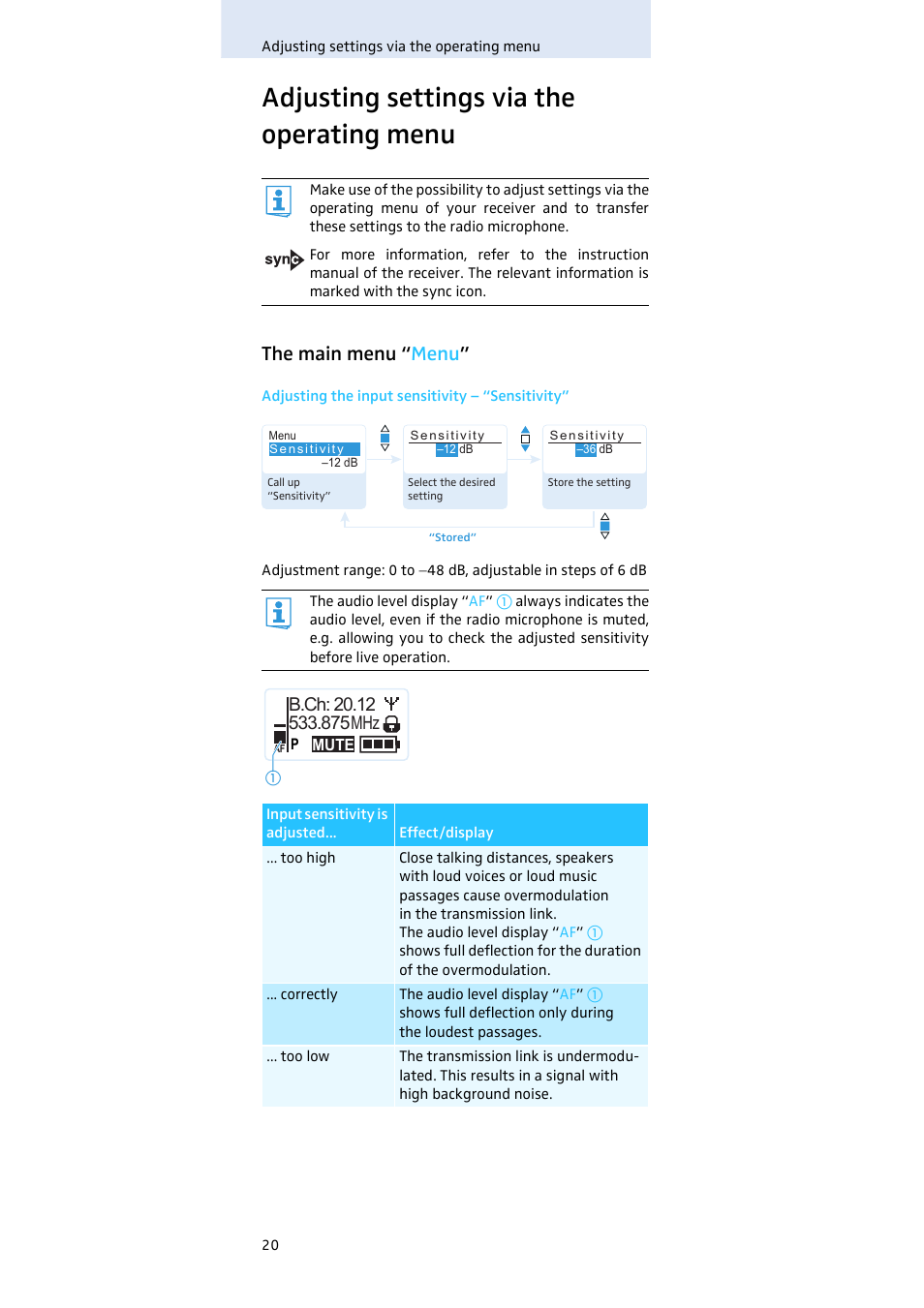 Adjusting settings via the operating menu, The main menu “menu, The main menu “ menu | Sennheiser SKM100 User Manual | Page 21 / 38