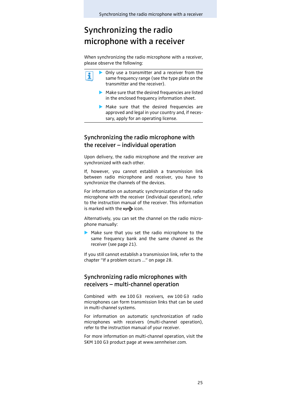 Synchronizing the radio microphone with a receiver | Sennheiser SKM100 User Manual | Page 26 / 38