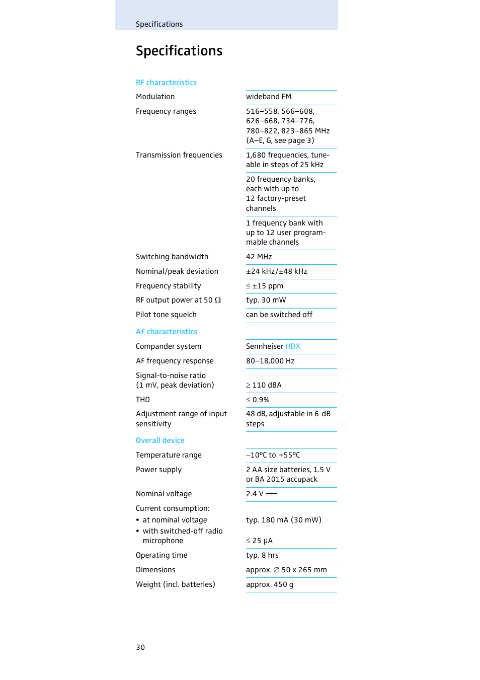 Specifications | Sennheiser SKM100 User Manual | Page 31 / 38