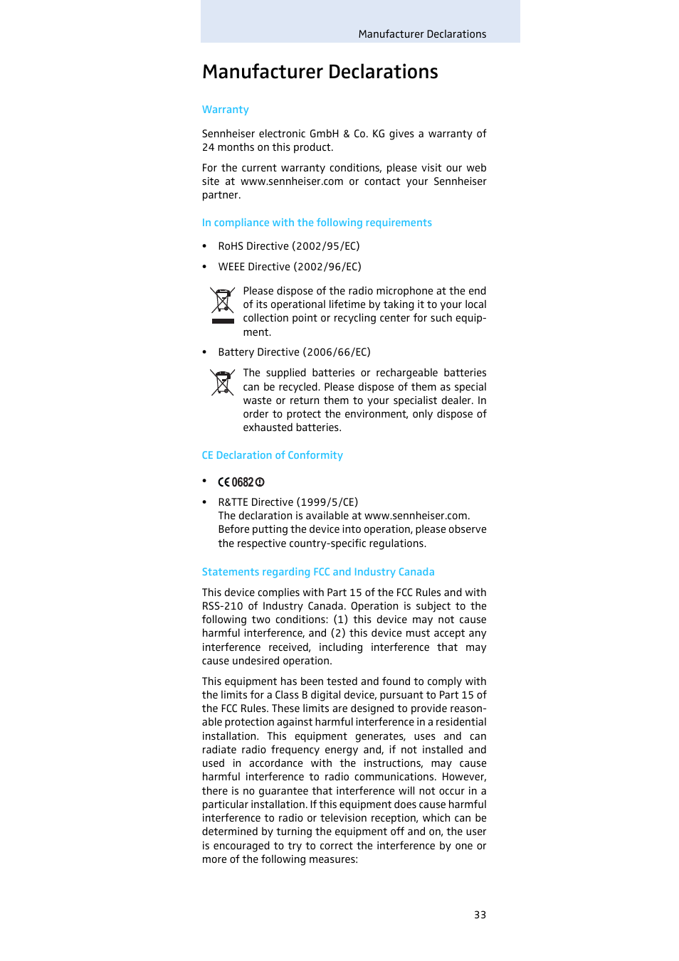 Manufacturer declarations | Sennheiser SKM100 User Manual | Page 34 / 38
