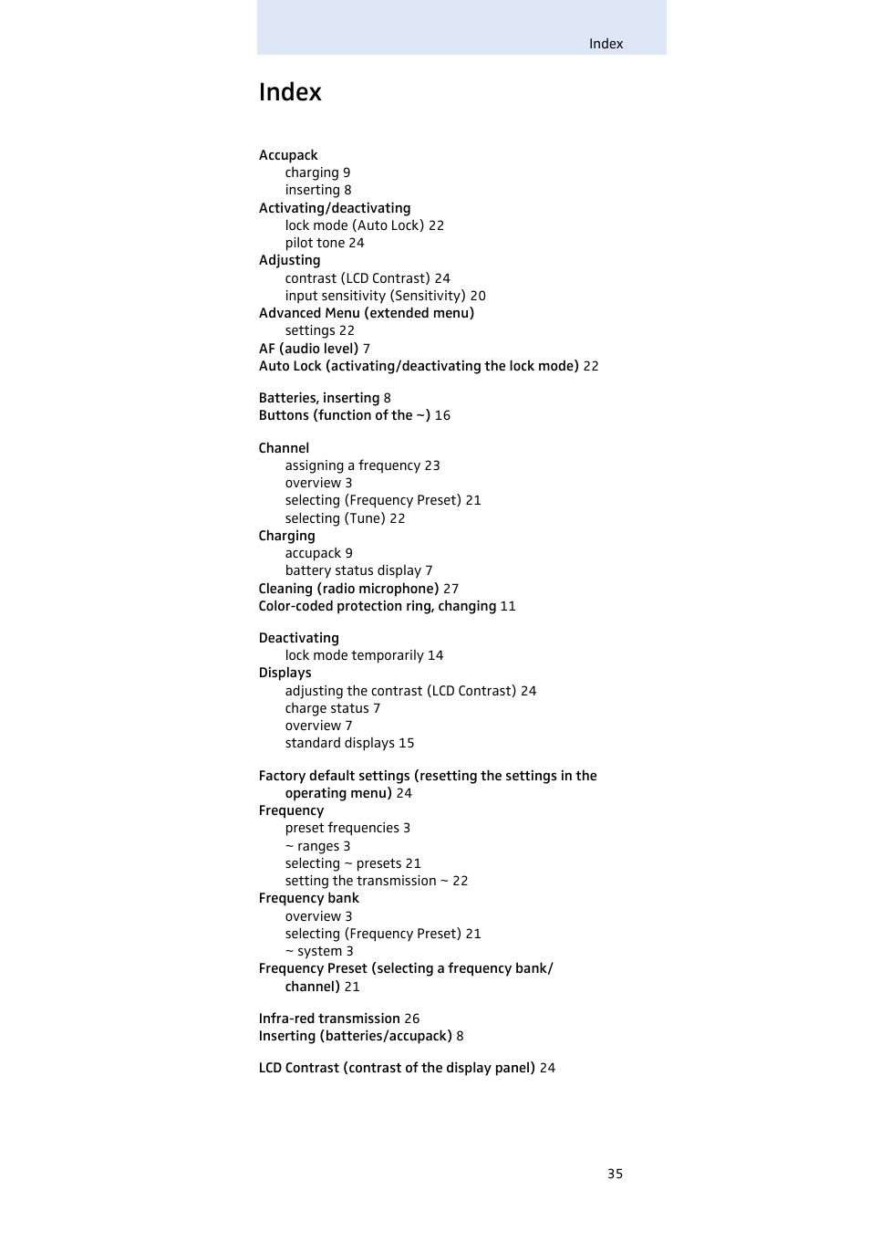 Index | Sennheiser SKM100 User Manual | Page 36 / 38
