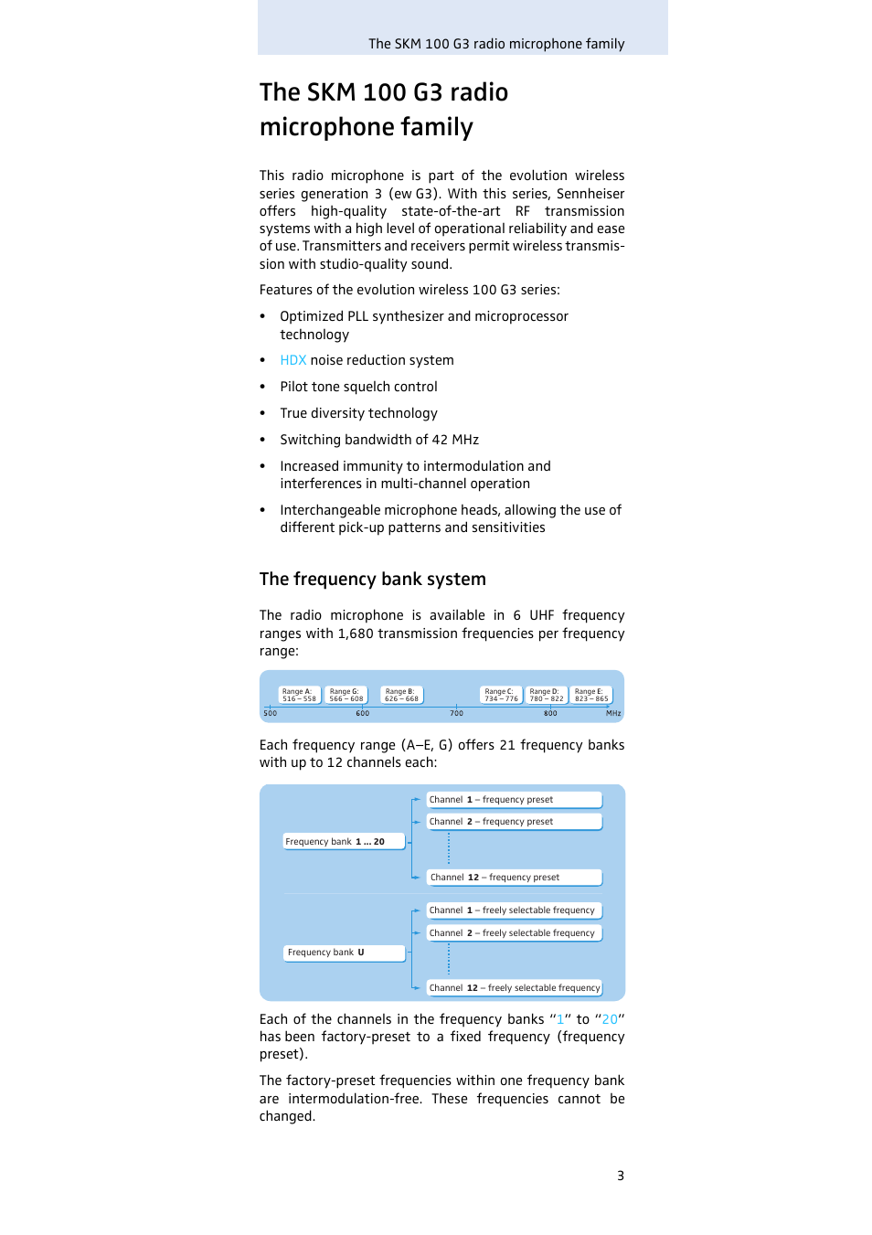 The skm 100 g3 radio microphone family, The frequency bank system | Sennheiser SKM100 User Manual | Page 4 / 38