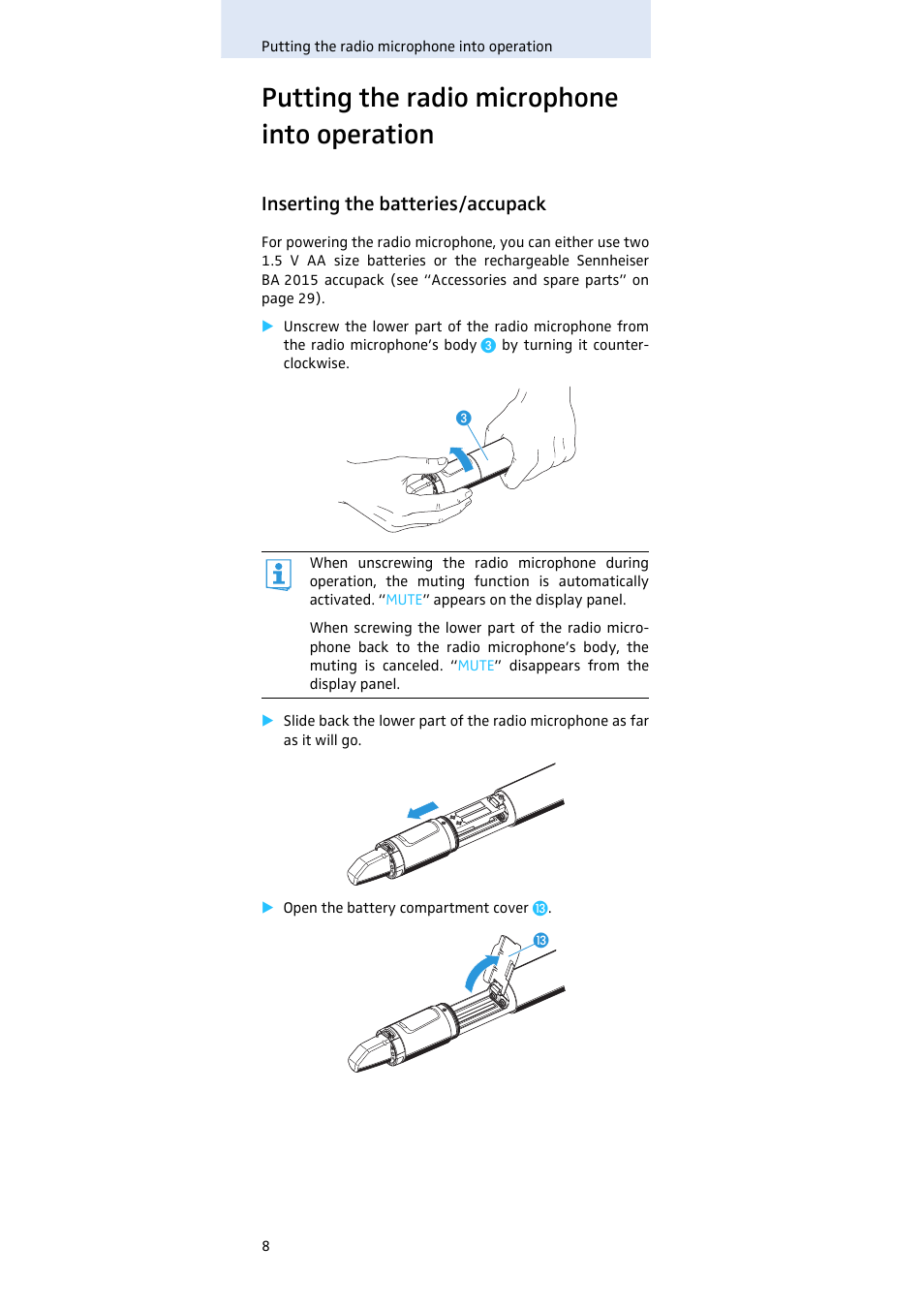Putting the radio microphone into operation, Inserting the batteries/accupack | Sennheiser SKM100 User Manual | Page 9 / 38