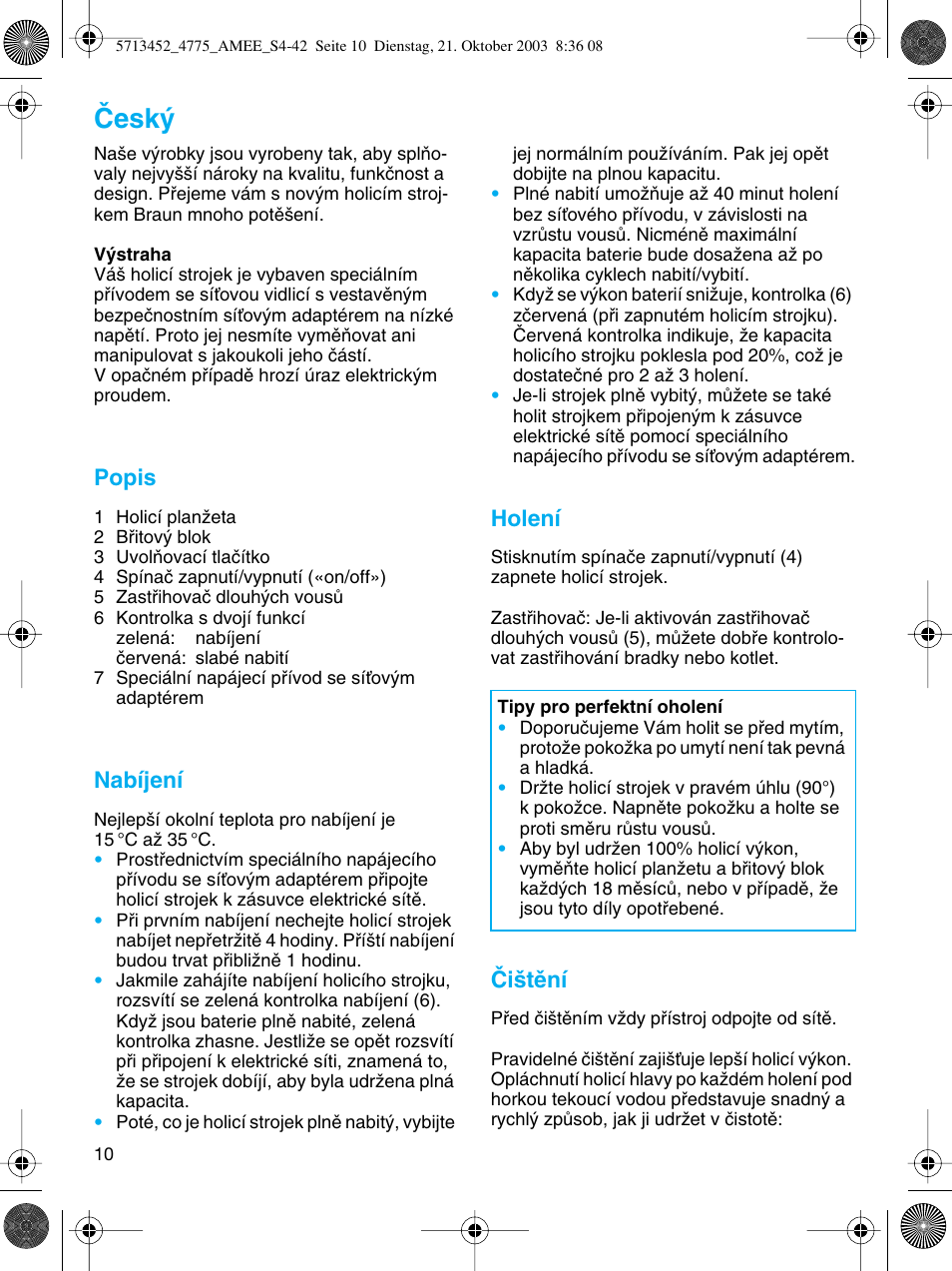 Cesky, Âesk, Popis | Nabíjení, Holení, Âi‰tûní | Braun 4775 User Manual | Page 10 / 39