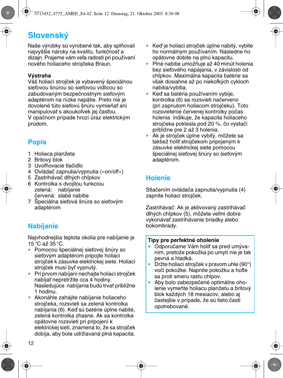 Slovensky, Slovensk, Popis | Nabíjanie, Holenie | Braun 4775 User Manual | Page 12 / 39