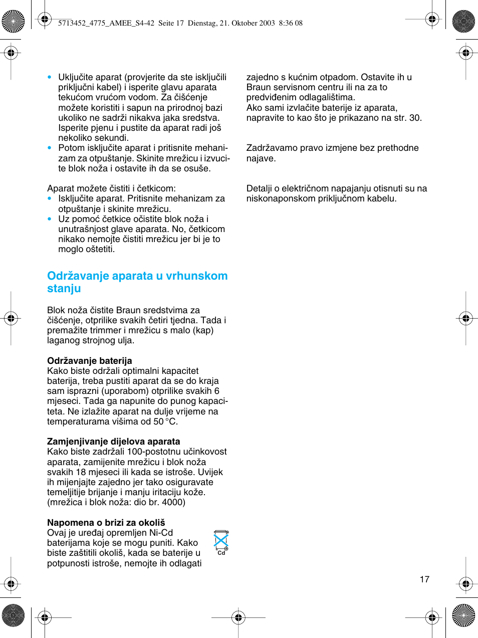 Odrïavanje aparata u vrhunskom stanju | Braun 4775 User Manual | Page 17 / 39