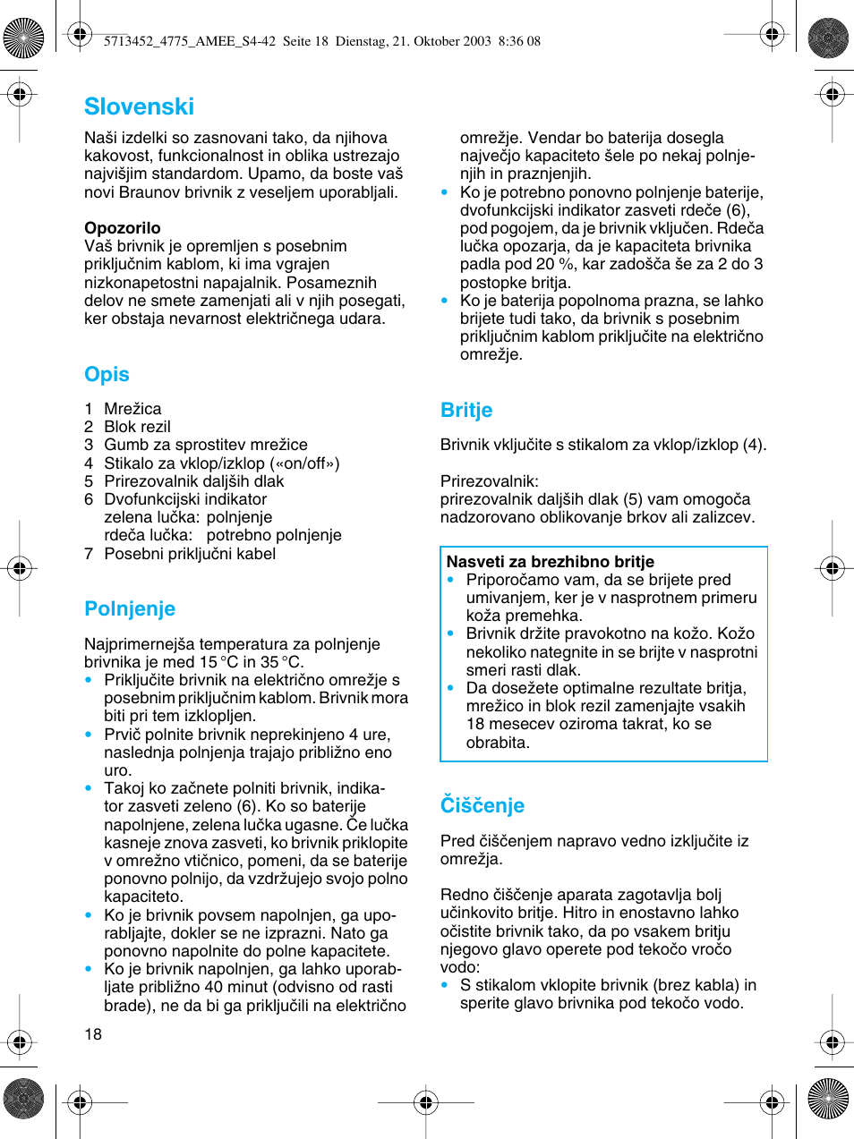 Slovenski, Opis, Polnjenje | Britje, Âi‰ãenje | Braun 4775 User Manual | Page 18 / 39