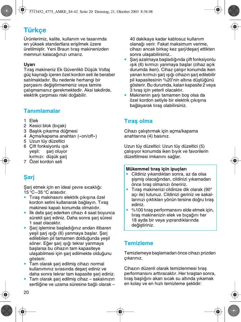 Türkçe, Tan∂mlamalar, Ωarj | T∂raµ olma, Temizleme | Braun 4775 User Manual | Page 20 / 39