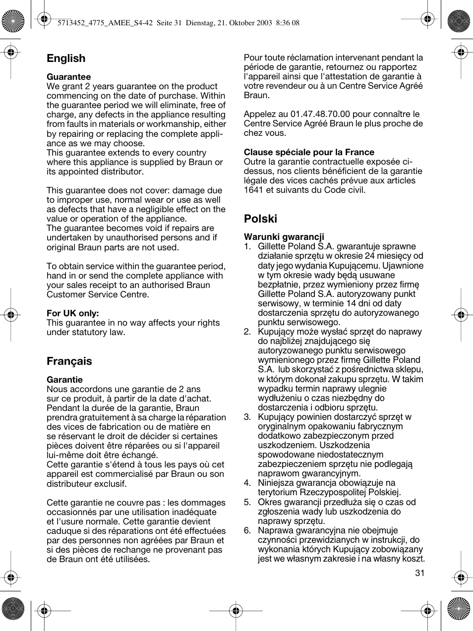 English, Français, Polski | Braun 4775 User Manual | Page 31 / 39