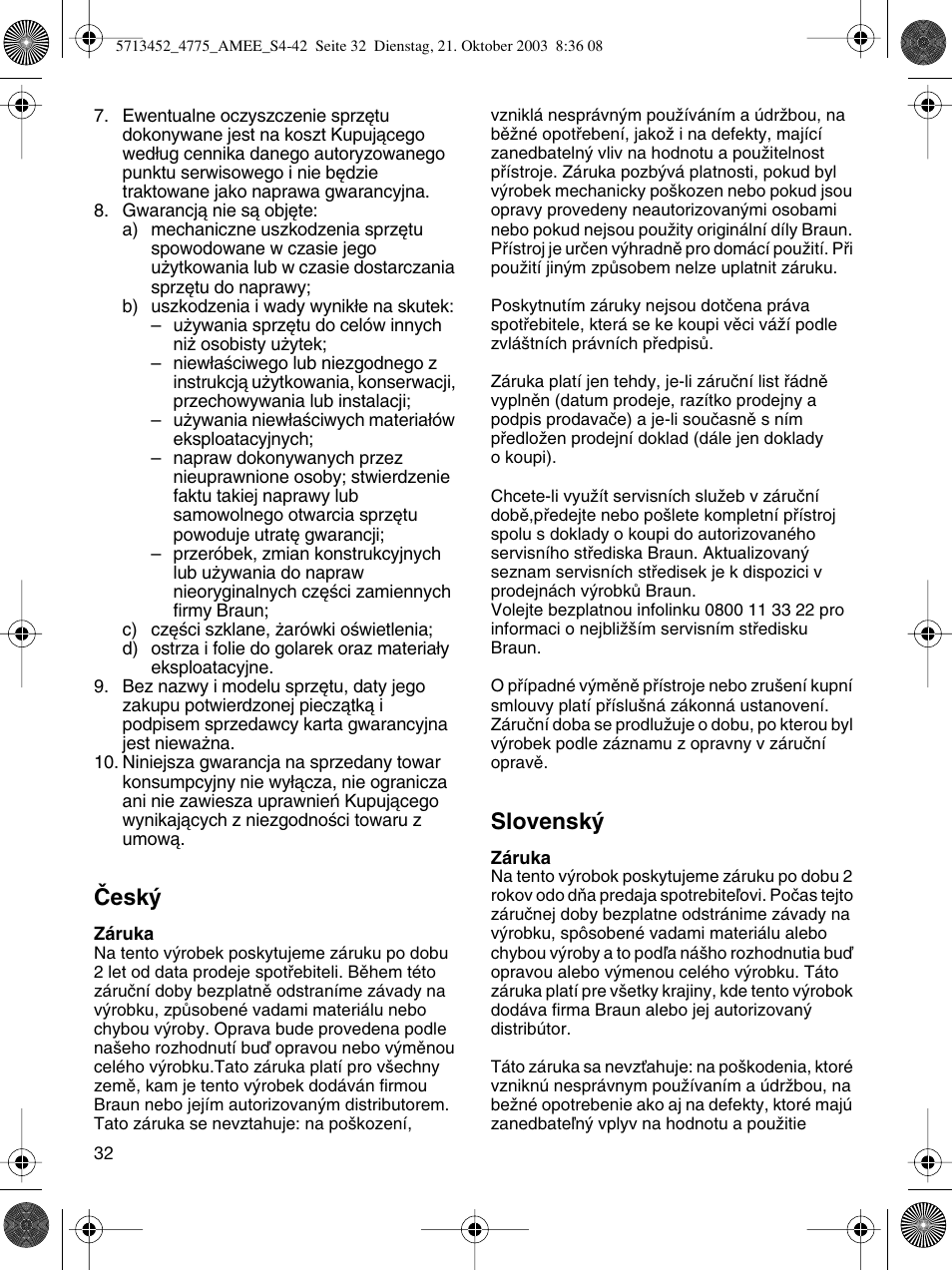 Âesk, Slovensk | Braun 4775 User Manual | Page 32 / 39