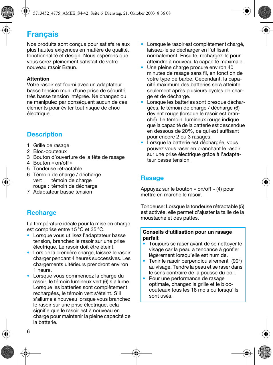 Français, Description, Recharge | Rasage | Braun 4775 User Manual | Page 6 / 39
