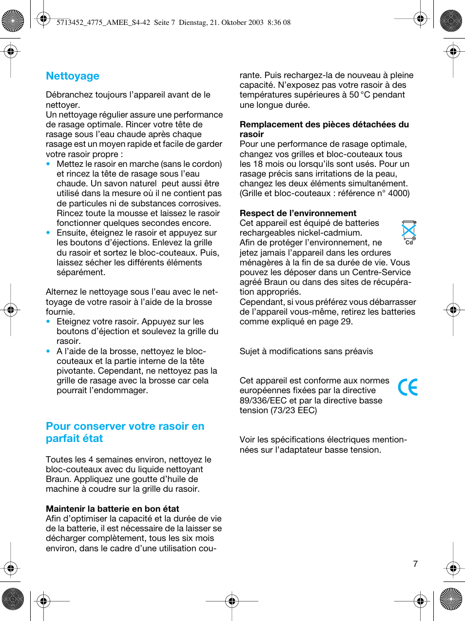 Nettoyage, Pour conserver votre rasoir en parfait état | Braun 4775 User Manual | Page 7 / 39
